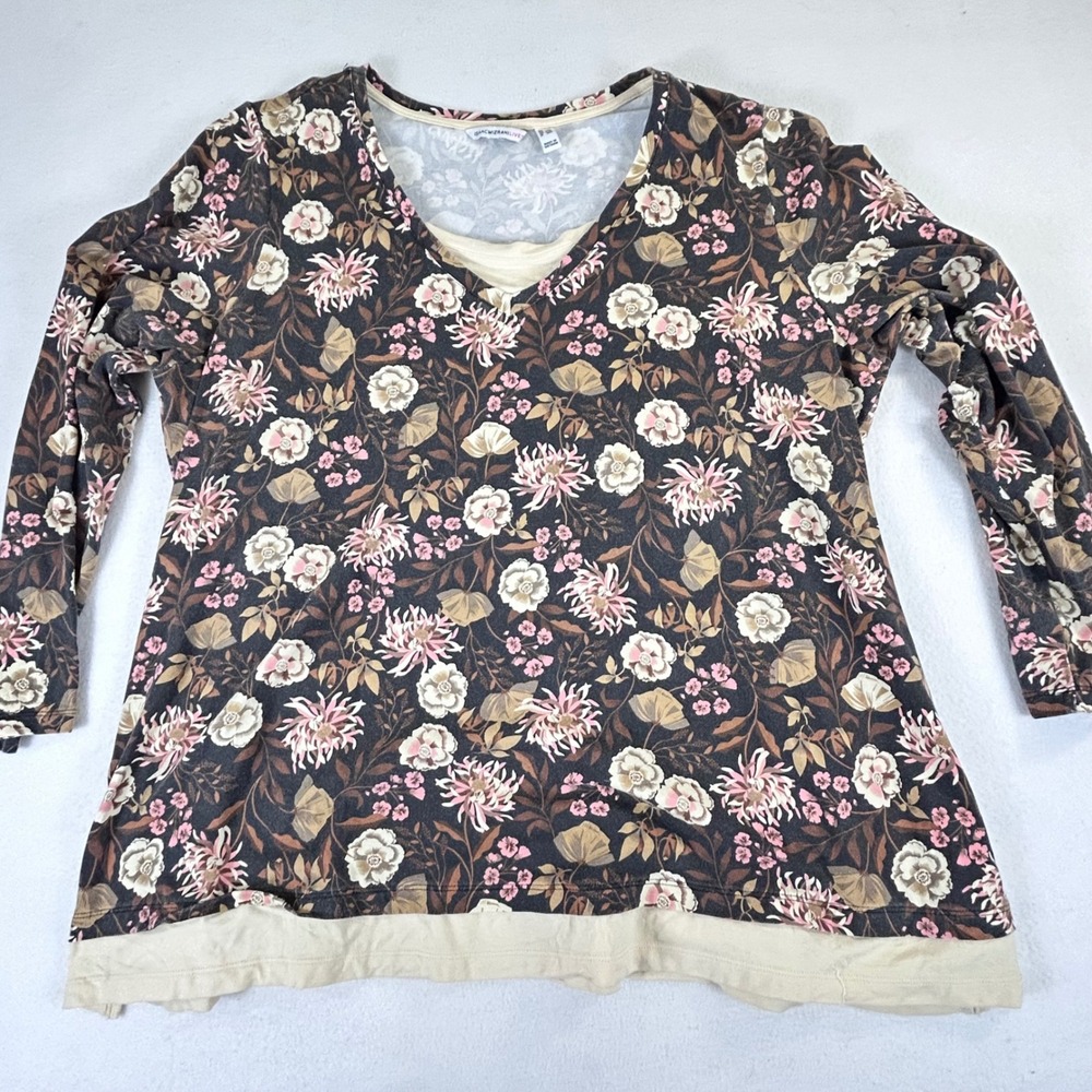 Isaac Mizrahi Live Womens 2X Floral V-Neck‎ Layered Hem Tunic Brown Pink A453533